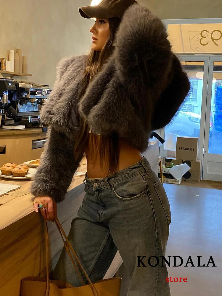 Kondala Retro Grey Faux Fur Jacket Womens Oneck Button Long Sleeve Fashion Elegant Thick Coat 240824