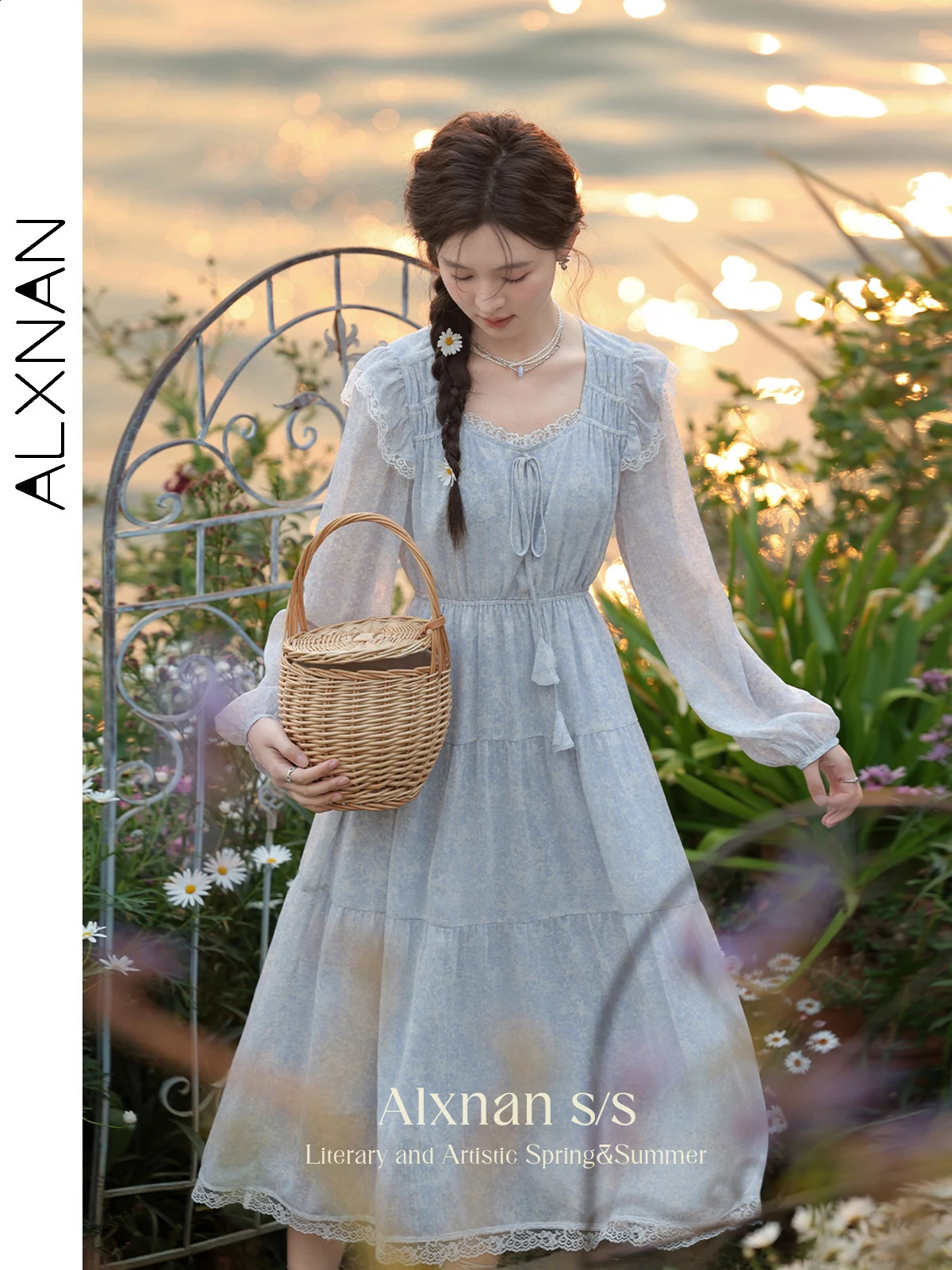 ALXNAN Women Spring Frenchy Ditsy Floral Tierred Dress Female Chic Lace Trim Long Sleeve Elastic Waist Dresses Woman L33762 240824