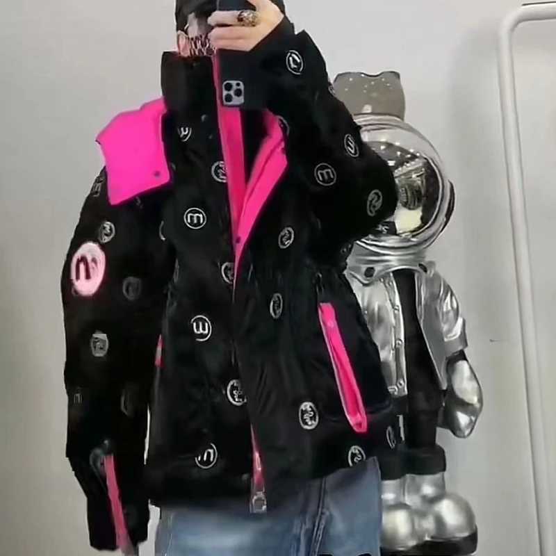 Women's Down Parkas Short Women Jacket 2024 New Winter Coat Female Hooded Letters Parkas Color Collision Casual Overcoat Loose Thick Warm Coats D