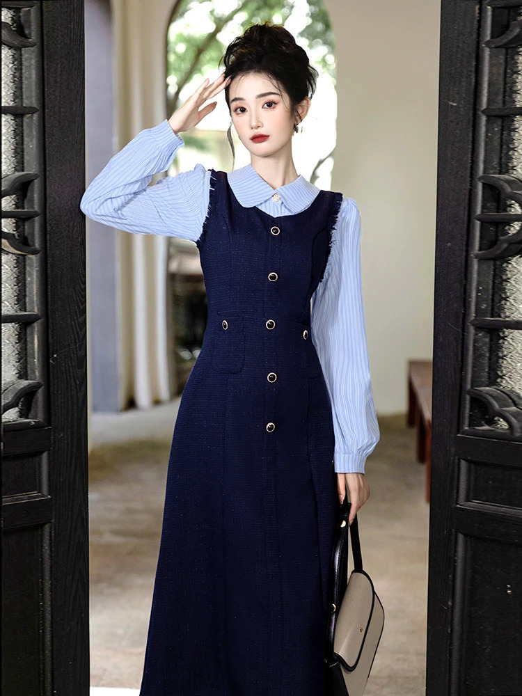 High Quality French Sweet Fall Winter Tweed Tassel Spliced Striped Long Dress Women Doll Collar Buttons Slim Party Clothes 240824