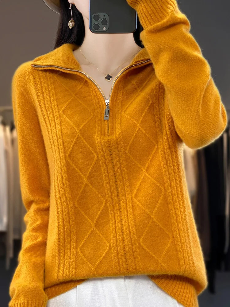 Autumn Winter Women Zipper Pullover Cable Knit Turn Down Collar Cashmere Sweater Casual Style 100% Merino Wool Knitwear 240824