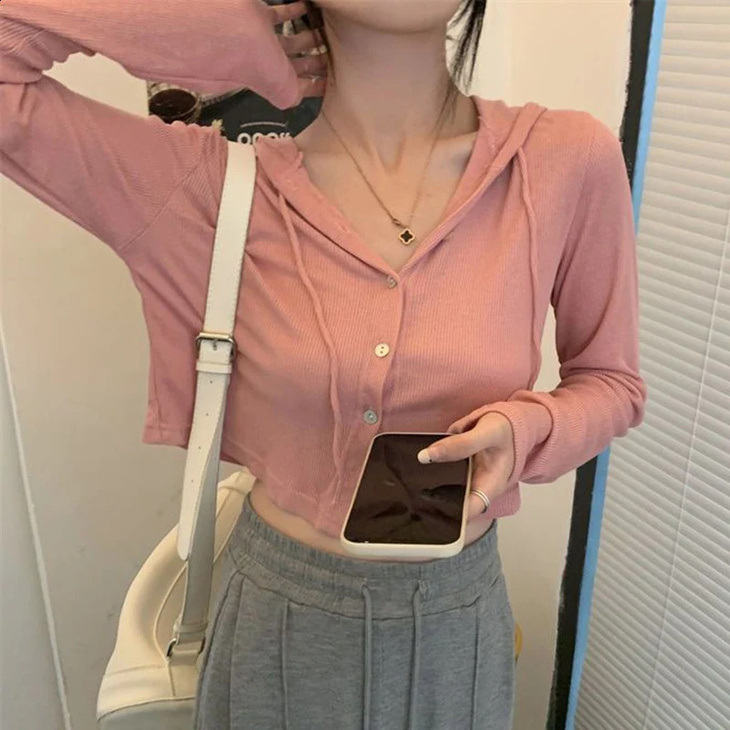 Gray Thin Hooded Knitted Cardigan Women Streetwear Single Breasted Y2K Crop Tops Woman Autumn Casual Long Sleeve Knitwear Coat 240824