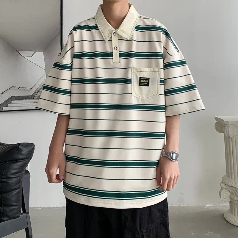 2024 Summer Men POLO Shirt Trend Loose Clothing Students Short-sleeved T Shirt Tops Round Neck Five-quarter Sleeve Harajuku 240814