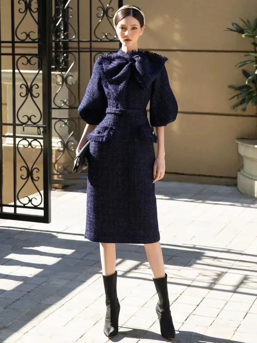 JAMERARY Fashion Autumn Winter Tweed Dress For Women Lantern Sleeve Midi Long Bodycon Dresses Office Lady Korean Style 240824