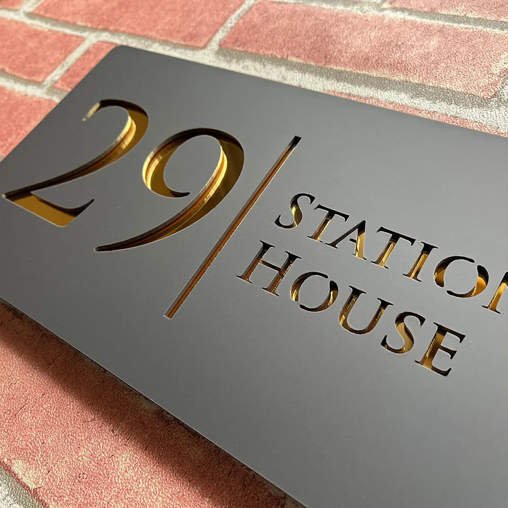 Personalised Laser Cut 28cm Acrylic Modern 3D Floating House Number sign Outdoor Street Family Name Plaque Matte Black Grey 240823