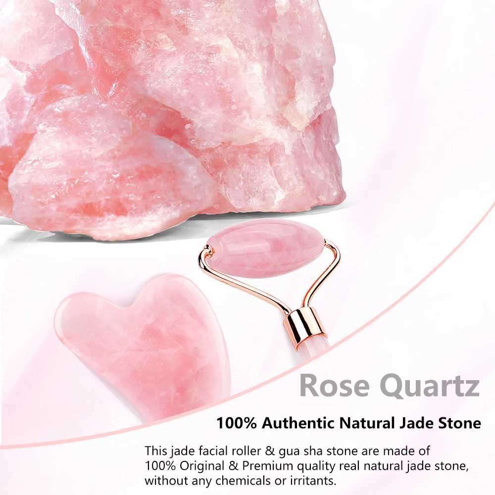 Natural Rose Quartz Jade Roller Gua Sha Set Facial Body Massager Roller Jade Stone Massage Set Face Lifting Beauty Massage Tools CL240824