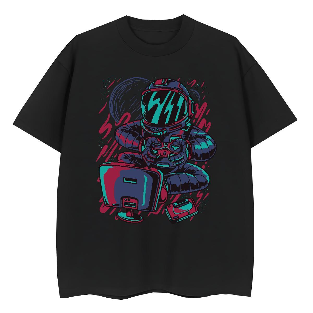 Free Shipping Women Tshirts 230g Cotton spaceman Hip Hop T shirt Crew Neck Cartoon Printing L-4XL Clothings