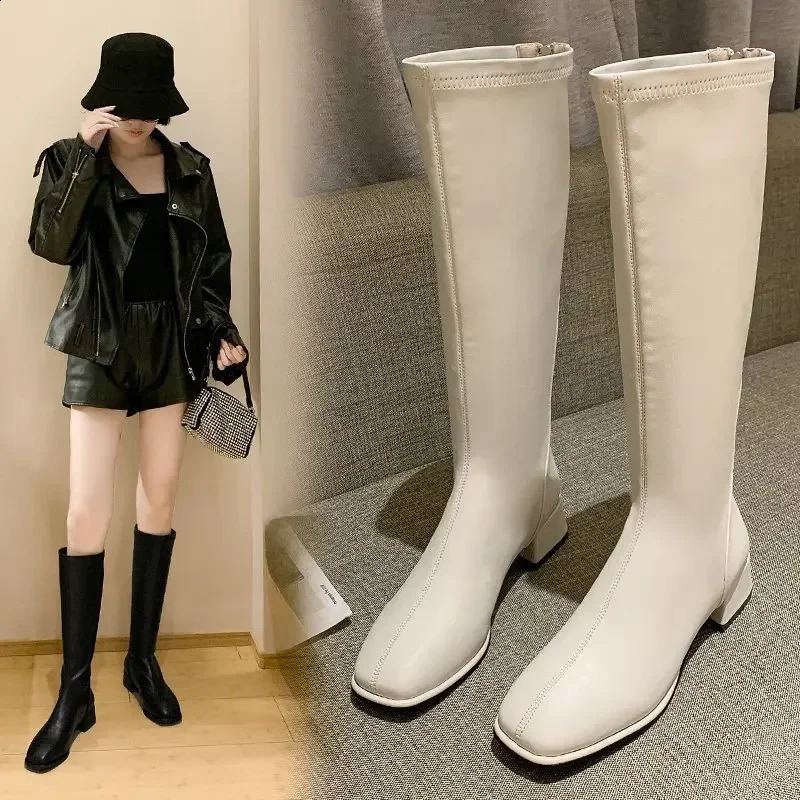 2024 Large 43 Thick High Heel Knight Knee Boots Womens Elegant Shoes Plush White Autumn Winter Leather Boots 240823