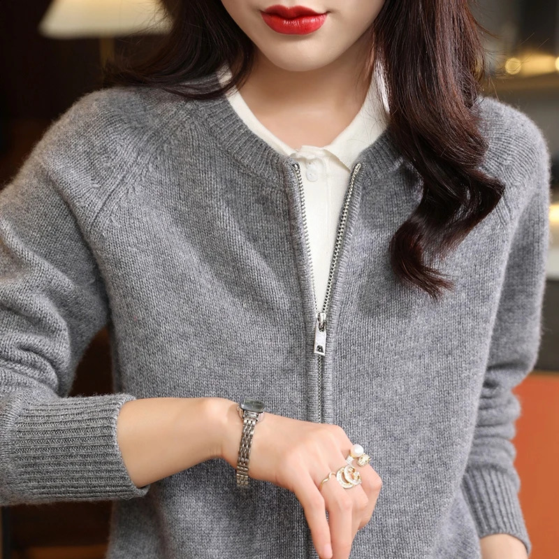 Womens cardigan autumn/winter casual knitwear 100% pure wool round neck jacket fit Tops Japanese/Korean style zipper Blouse 240824