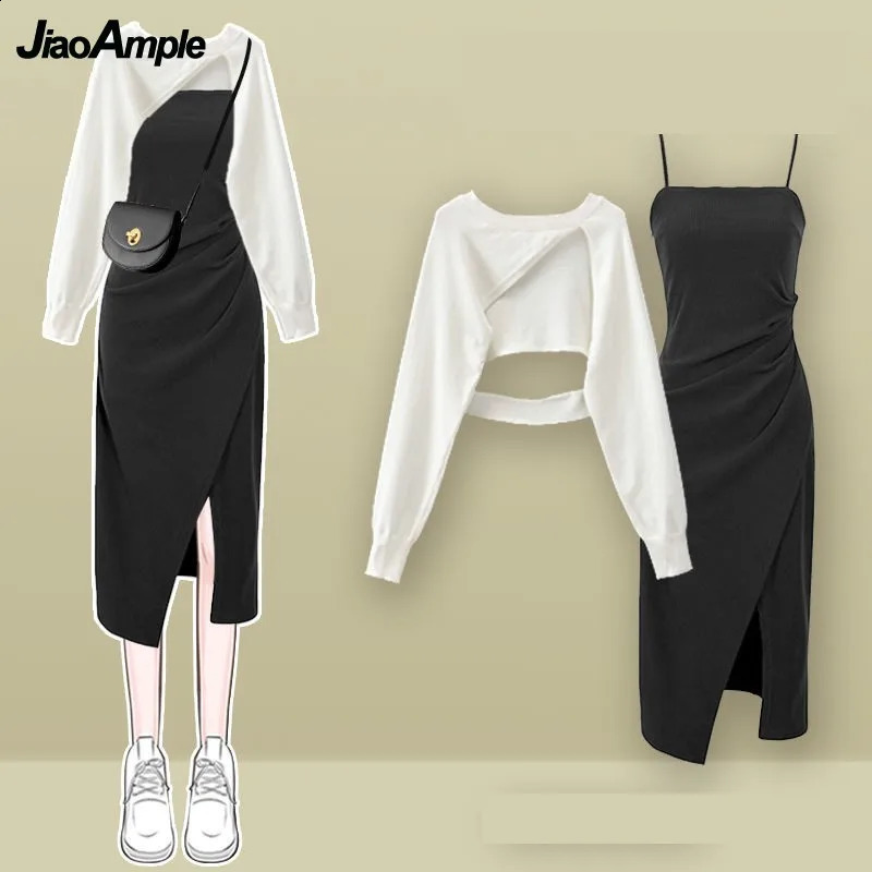 Womens fashion cut-out sweatersuspender Skirt two-piece set Korean Elegant in Matching Set Spring Summer Dress Suit 240823