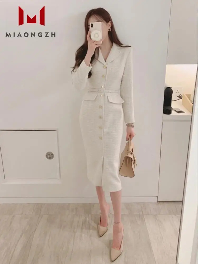 Fashion White Tassel Single Bodycon For Women Office Dresses Suit Collar Black Autumn Long Sleeve Female Formal Dress 240824