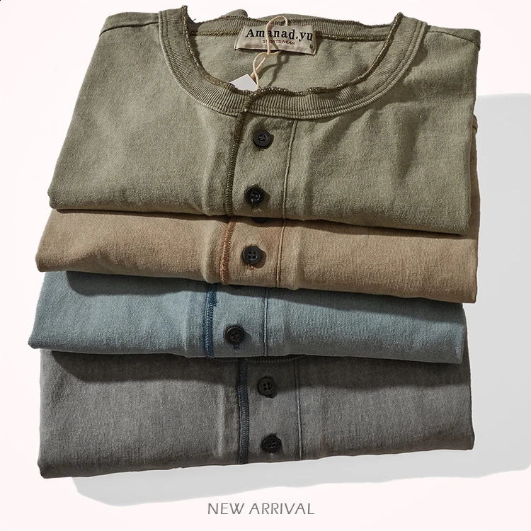 280g Summer American Retro Heavyweight Solid Color Tshirt Mens Pure Cotton Washed Short Sleeve Henley Collar Waist Top 240823