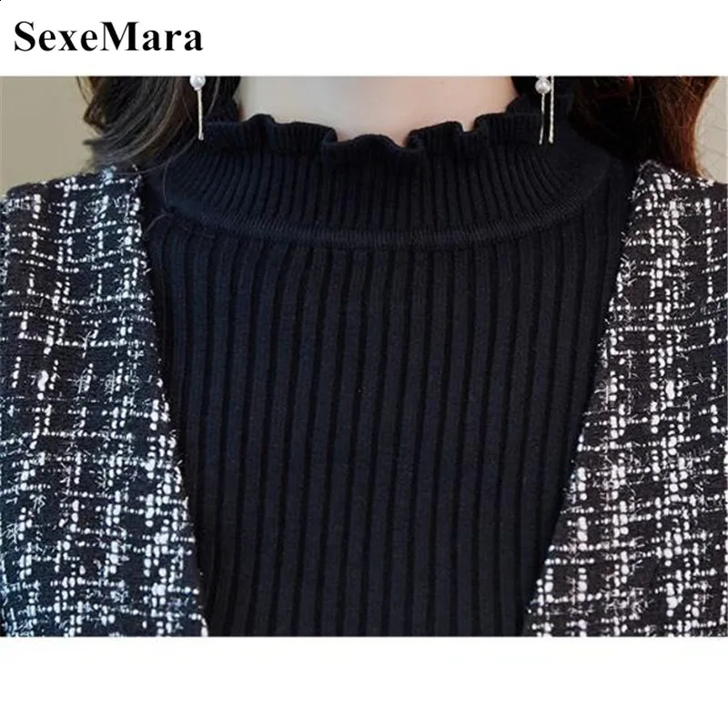 Flash tweed dress autumn and winter V-neck long-sleeved two-piece bottoming knit tweed casual dress 240824