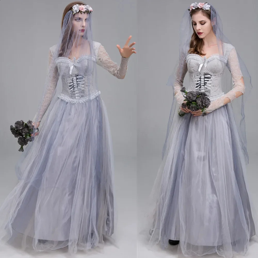 Adult horror zombie ghost bride costume cosplay Halloween fancy party dress with veil suitable for women 240823