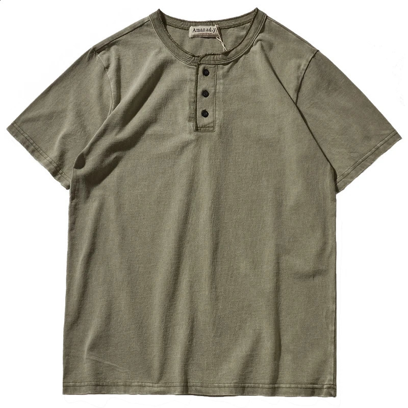 280g Summer American Retro Heavyweight Solid Color Tshirt Mens Pure Cotton Washed Short Sleeve Henley Collar Waist Top 240823