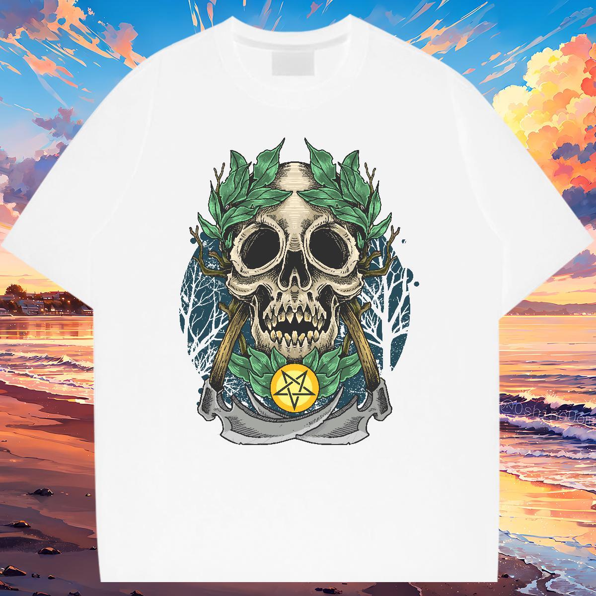 High Quality Mens T Shirts 230g 100% Cotton skull Hip Hop Floral Print O-Neck Short Sleeve Men Clothes T-Shirt Classic Casual Top Tees