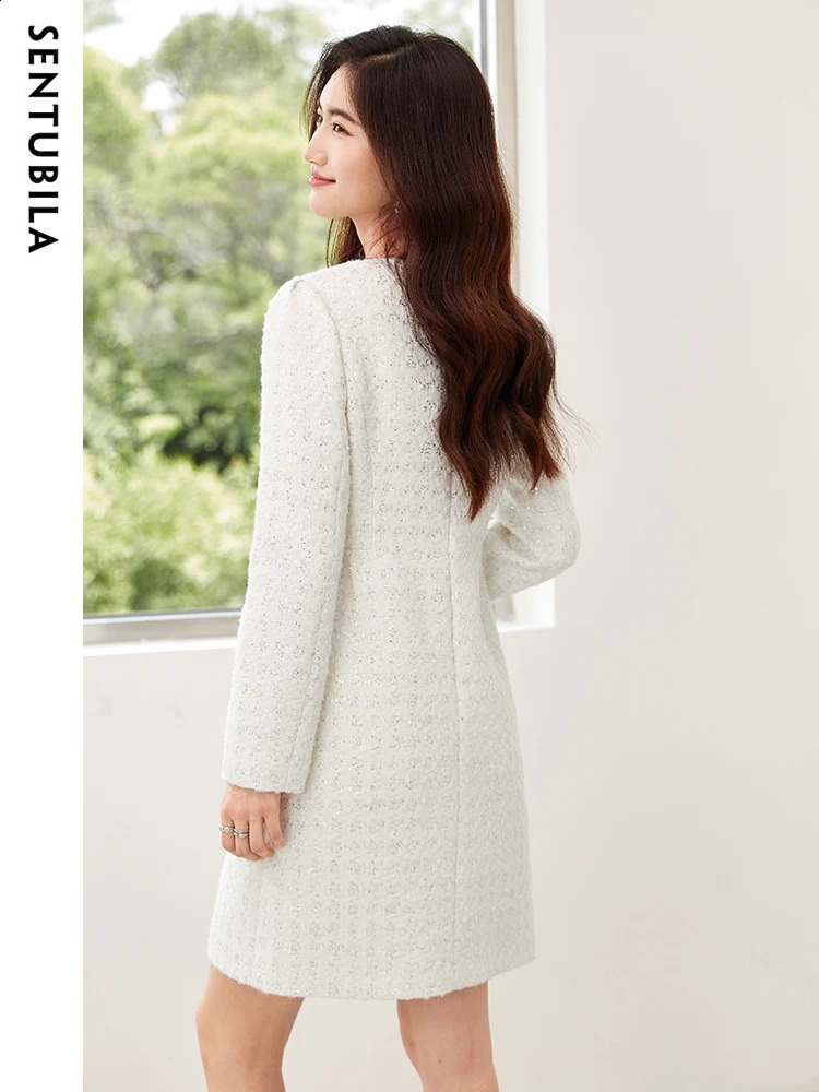 SENTUBILA Elegant Sequin Tweed Dresses Women O-Neck Fashion Knee Length Office Lady Long Sleeve Straight Dress Woman 134L52297 240824