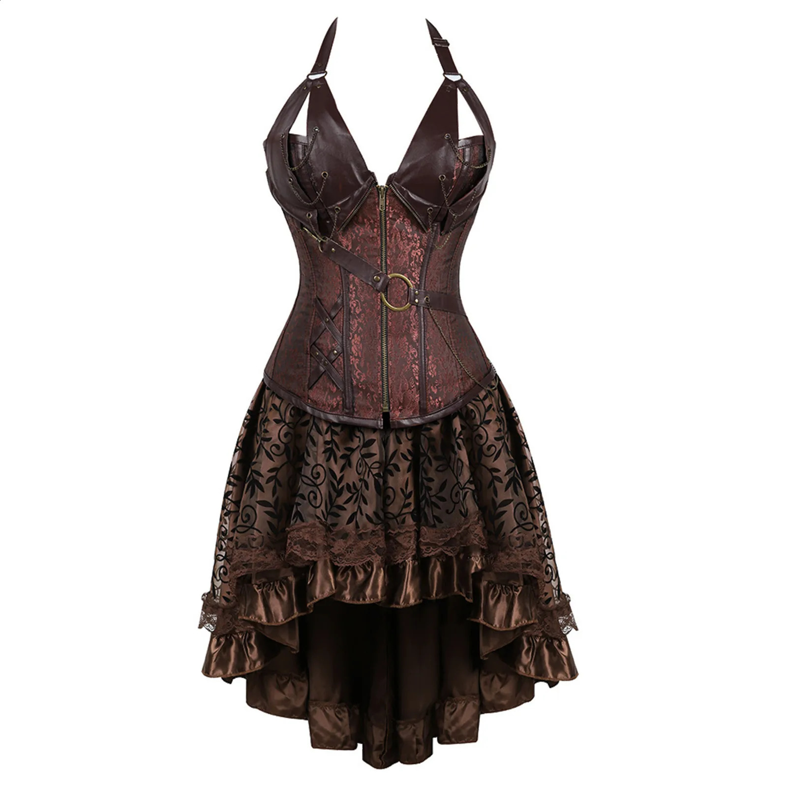 Brown pirate tight corset dress steampunk leather top plus size funny Viking Halloween womens clothing 240823