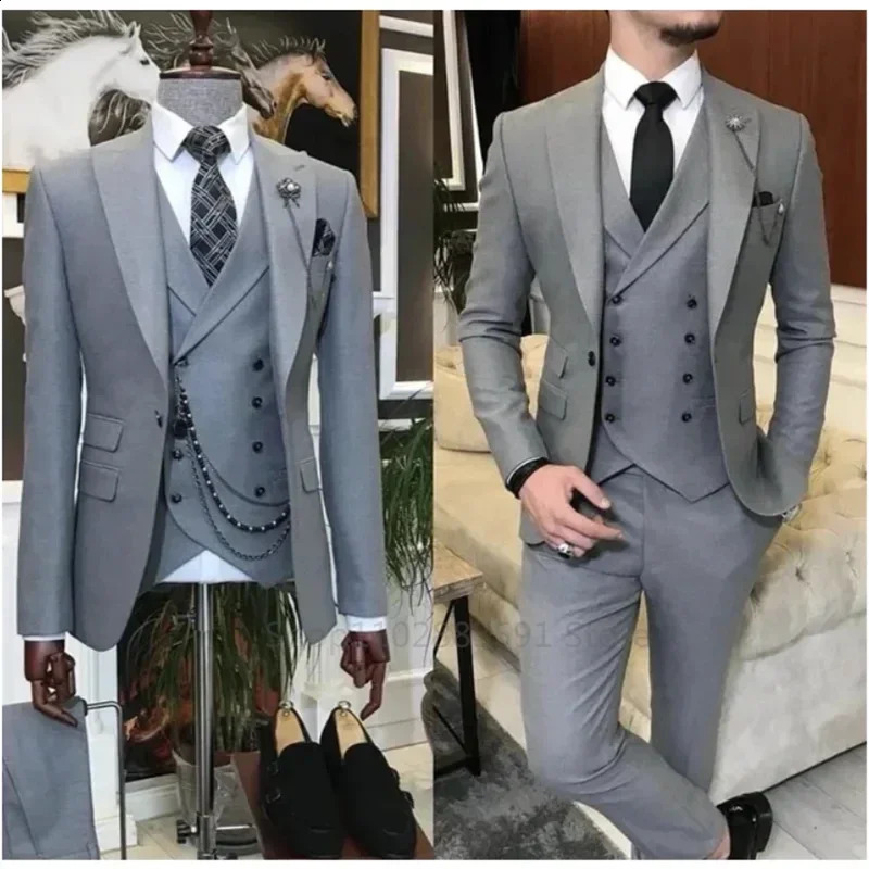 Khaki Formal Mens Slim Fit Set Piece Wedding Groom Dance Terno Mascuo Custom Jacket Vest Pants