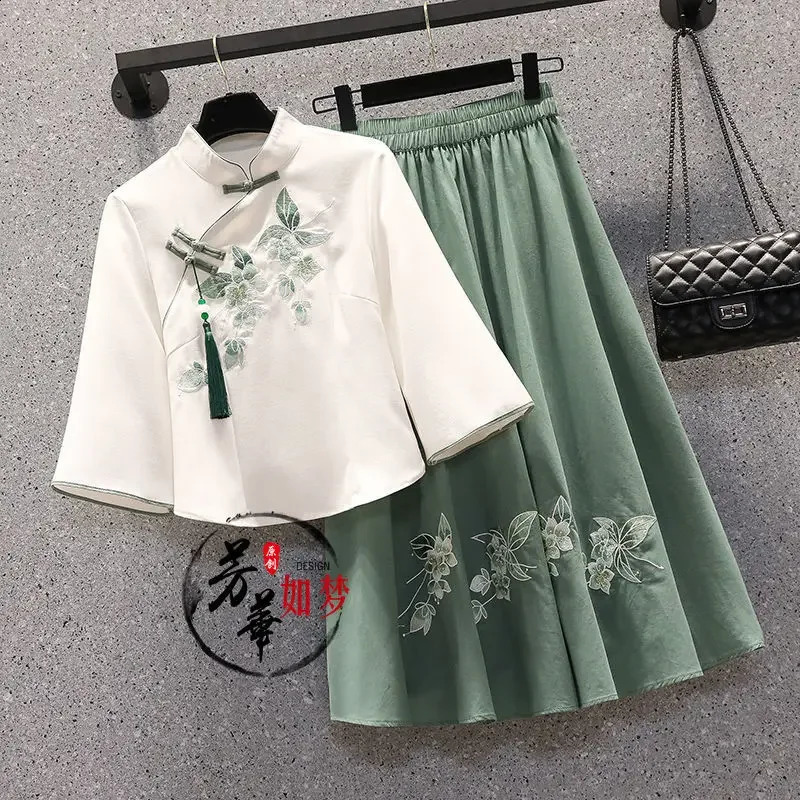 Oversized Womens Summer Butterfly Sweet Chinese Suit Embroidered Top Suit Hanfu Blouse Skirt Two-piece Set Large Size 240823