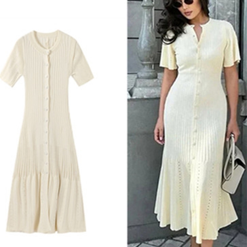Knitted Women Long Dresses Hollow Out Short Sleeved Women Split Dress O-neck Single Breasted Female Solid Elegant Ladies Robe 240823