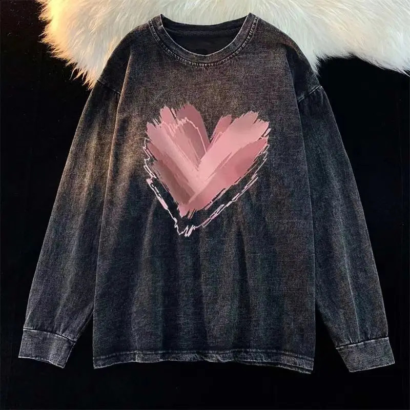 Autumn Trendyol mens funny heartshaped printed long sleeved Tshirt Y2K retro Harajuku 100% pure cotton oversized Oneck w240824