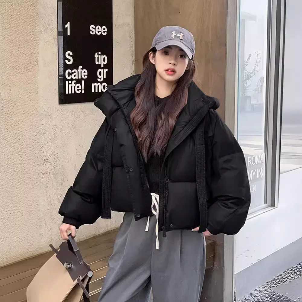 Women's Down Parkas Chic Winter Cotton Coat Cropped Jackets Women Warm Design Parkas Puffer Jacket Bow Tie Strtwear Cold Jacket Winter Clothes Y2
