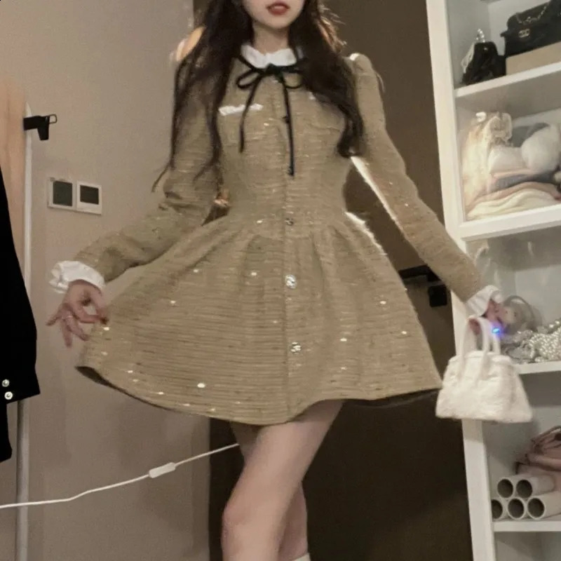 Autumn Winter Long Sleeved Dress Tweed Vestidos Elegantes Para Mujer Mini Party Plaid Retro Women Clothing Y2k Robe 240824
