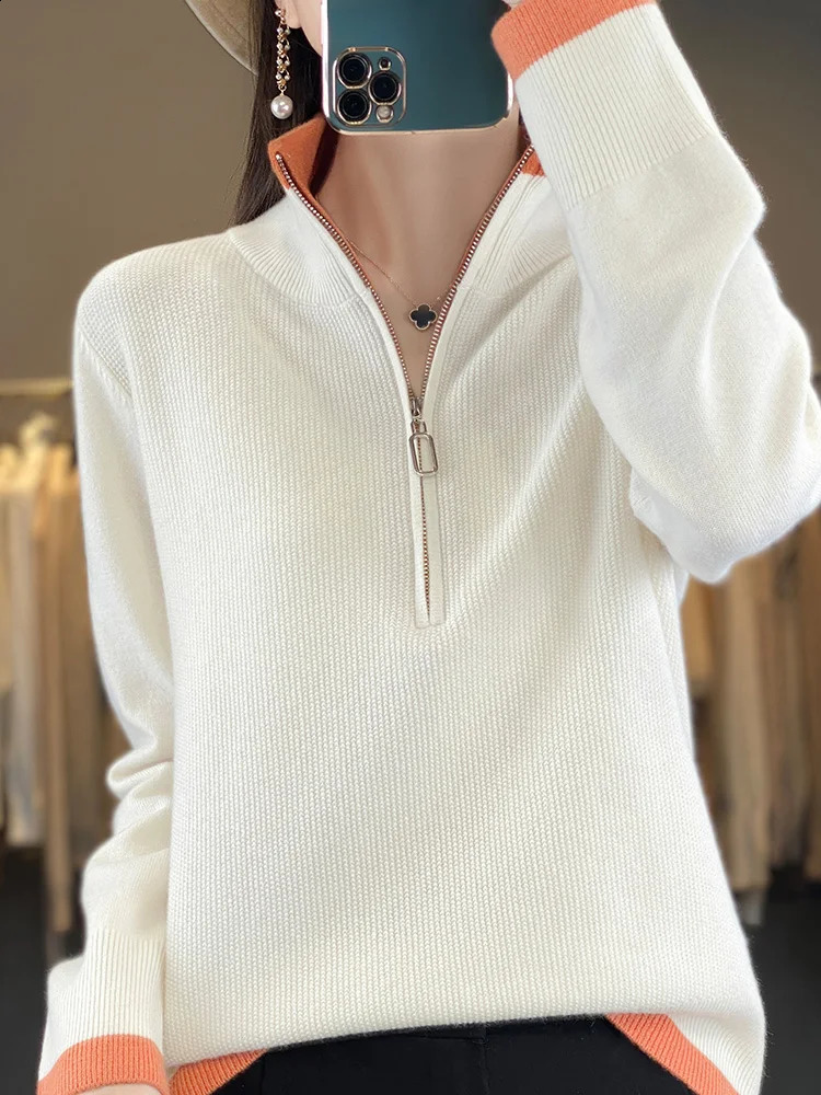 Fashion Women Zipper Mock-neck Pullover 100% Merino Wool Sweater Autumn Winter Casual Warm Color Knitwear Jumper Clothing 240824