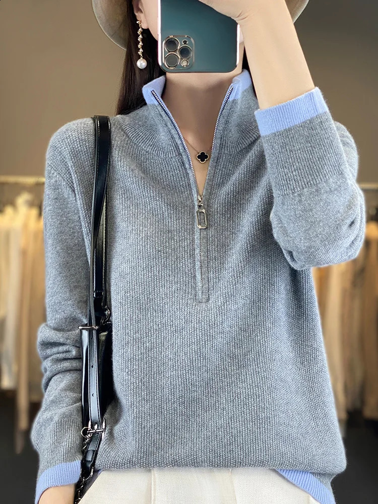 Fashion Women Zipper Mock-neck Pullover 100% Merino Wool Sweater Autumn Winter Casual Warm Color Knitwear Jumper Clothing 240824