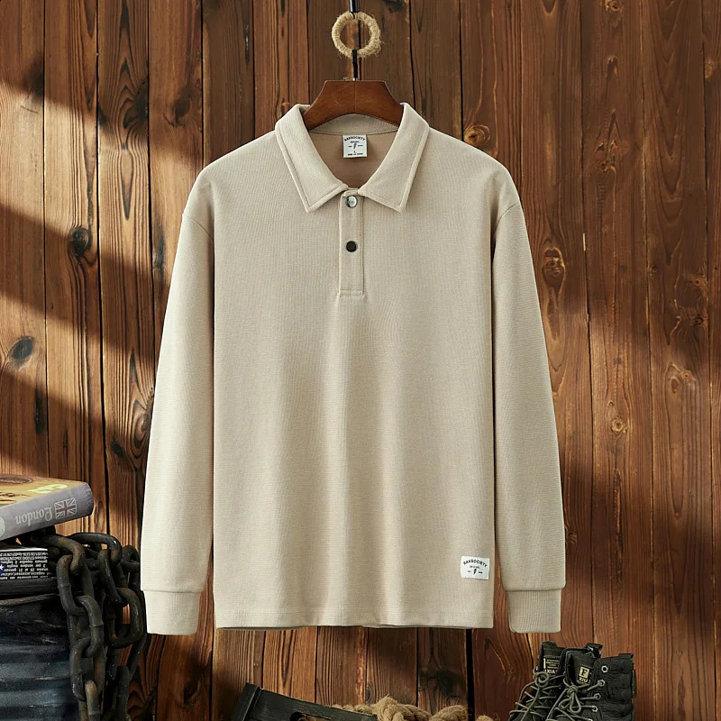 6308 Autumn American Retro Long Sleeve Henry Collar Solid Color Polo Shirt Mens Simple Pure Cotton Washed Loose Casual Tops 240824