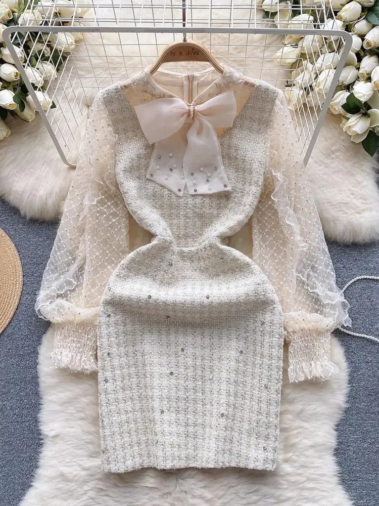Spring Elegant Beige Lace Mesh Plaid Embroidery Ruffles Long Sleeve Stitching Tweed Bow Pearls Beading Woolen Mini Dresses 240824