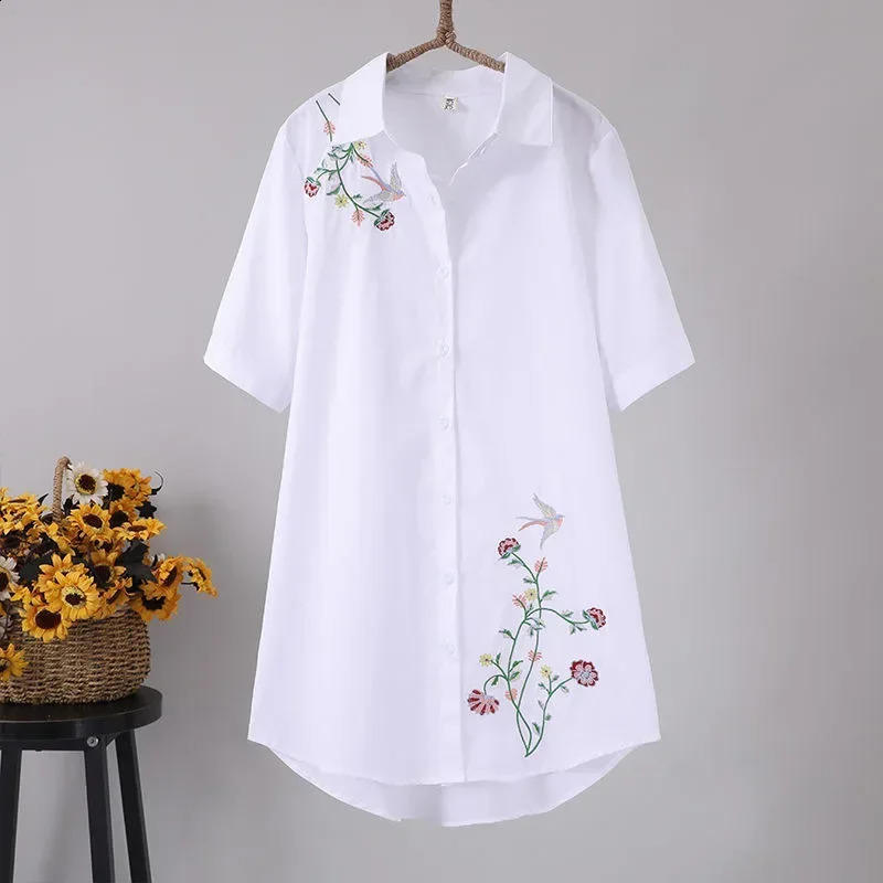 Feather Embroidery Long Blouse Women Short Sleeve Art Loose Blue Blouses and Tops Button Down Shirts 240823