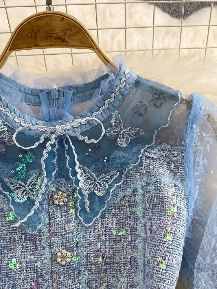 Sweet s Blue Tulles Mesh Bow Collar Butterfly Embroidery Ruffles Stitching Tweed Long Petal Sleeve Sequined Mini Dresses 240824