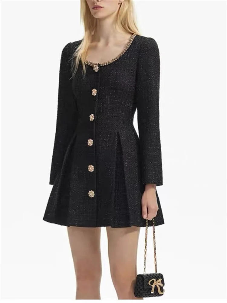 Pearl Buttons Ladies Slim Fit A-Line Short Robes Spring Womens Long Sleeve Square Collar Black Tweed Mini Dress 240824
