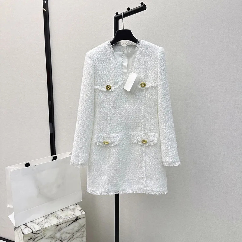 y2k Spring/Summer Tweed Whiskers Edge Long Sleeve Gold Button V Neck Womens dresseskorean fashion Slim Hip dresses for prom 240824