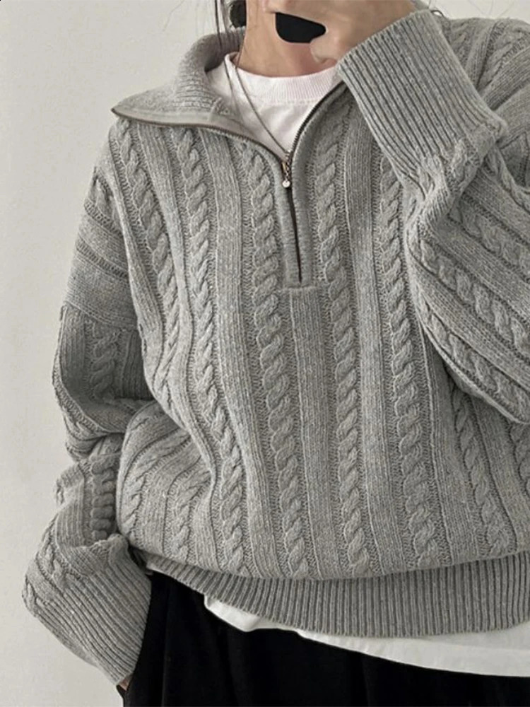 Women Autumn Solid Color Sweater Half High Collar Knit Pullover Baggy Long Sleeve Zipper Lady Knitwear BF Oversize 240824