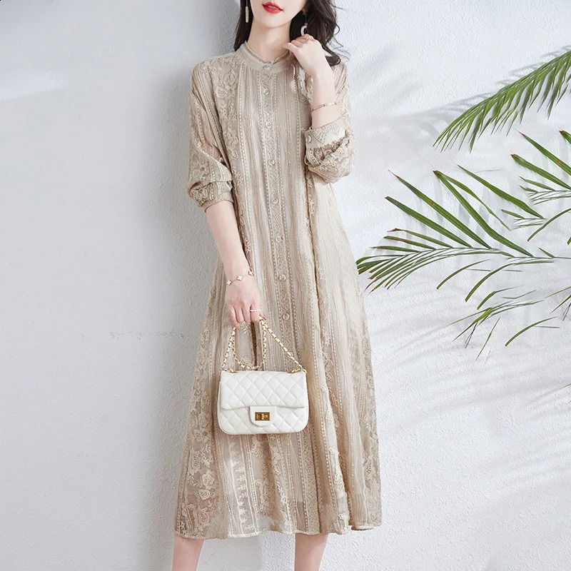 Real Silk Mulberry Silk Midi Dress for Women Wrist Sleeve Single Breasted Base Soft Dress Chinese Style Summer 240824