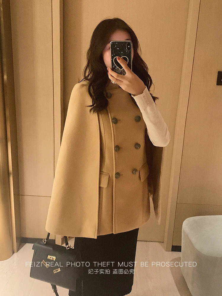 Cape Town wool coat womens autumn and winter red elegant shawl wool coat loose and fully matched elegant womens jacket 240824