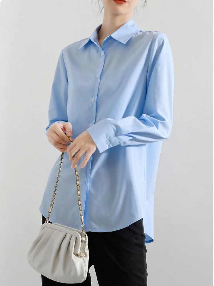 Oversize Shirt Women Blouses Elegant Streetwear Office Cotton 100% Loose Button Up Casual White Blue Long Sleeve Vintage Tops 240823