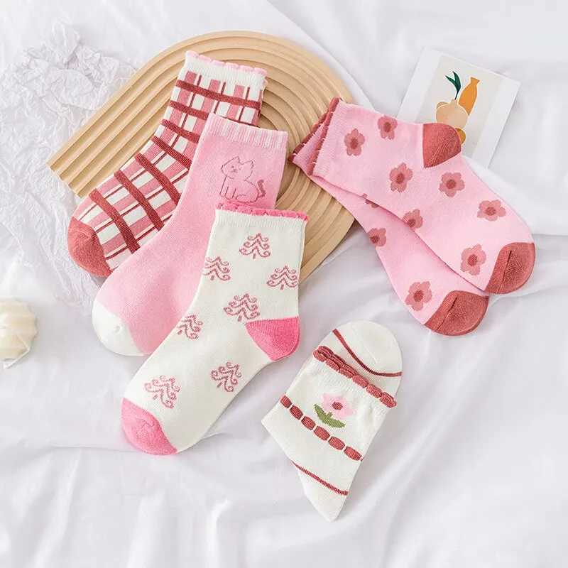 5 Pairs Pink Flower Knit Warm Childrens Socks For Girls Socks Kids Womens Cute Cartoon Medium Stockings CL240824