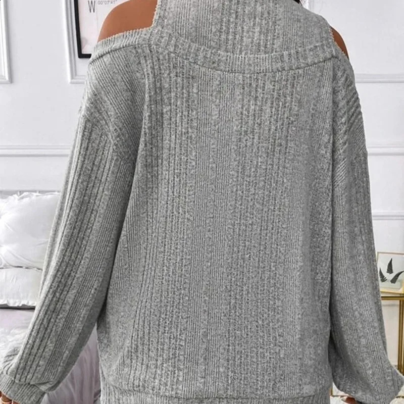 Womens Autumn Winter Solid Round Neck Off Shoulder Paisley Flared Long Sleeve Sweater Knitted T-shirt Office Lady Loose Tops 240824