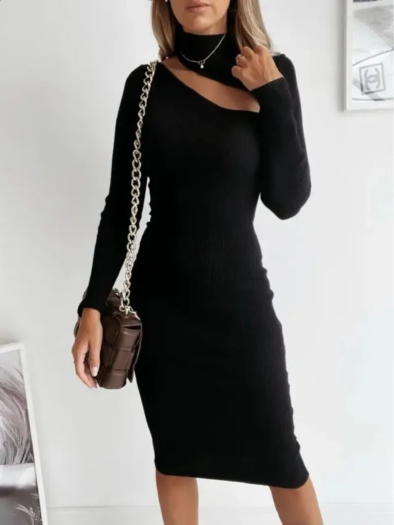 Womens Clothing Autumn and Winter Fashion Crewneck Sexy Shoulder Long Sleeve Knitted Dress 240823