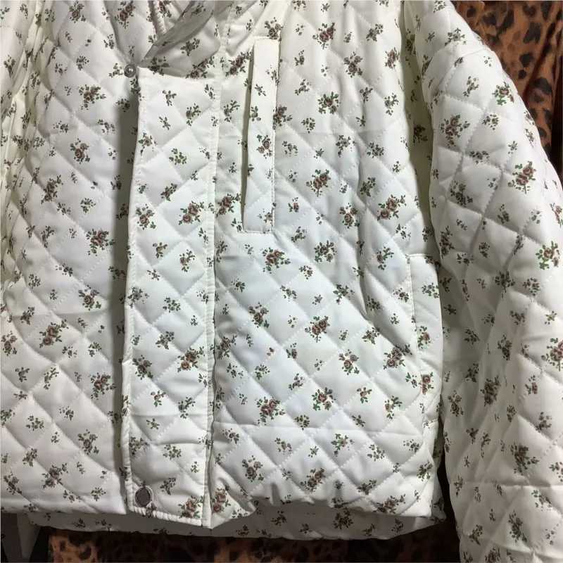 Womens Down Parkas Floral print Swt chic winter jacket 2024 new vertical collar zipper fashionable cotton jacket casual loose warm casual womens cloth