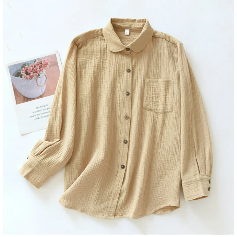Retro 100 Cotton Shirt Blouses For Women Fashion Casual Turn Down Collar Long Sleeve Top Blusas Mujer Gratis 240823