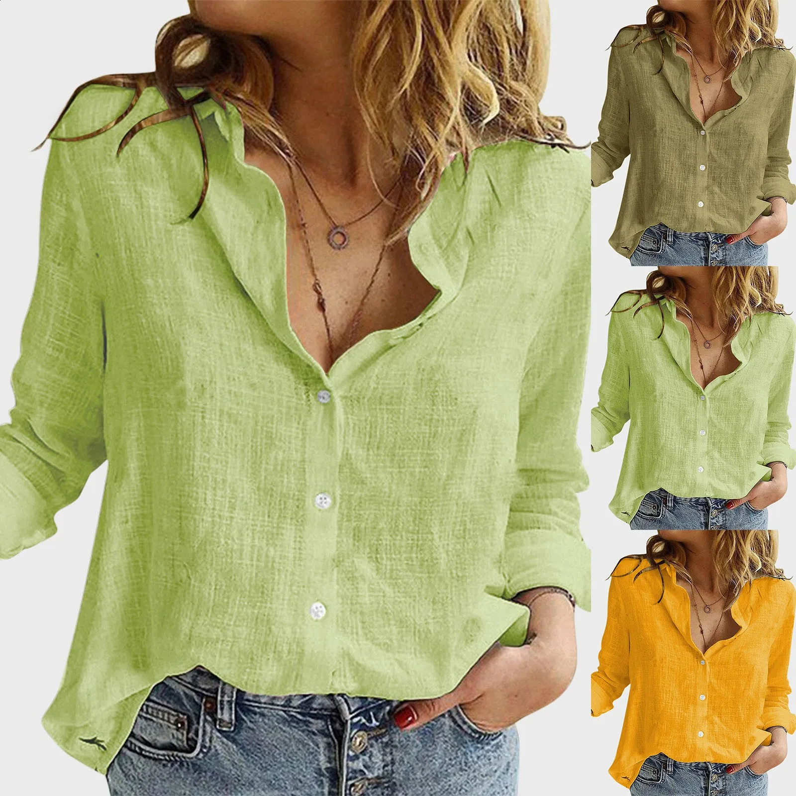 Solid Colour Shirt Womens Shirt Casual Loose Long Sleeve Shirt Blouse Fashion Korean V Neck Button Versatile Tops Blouse 240823