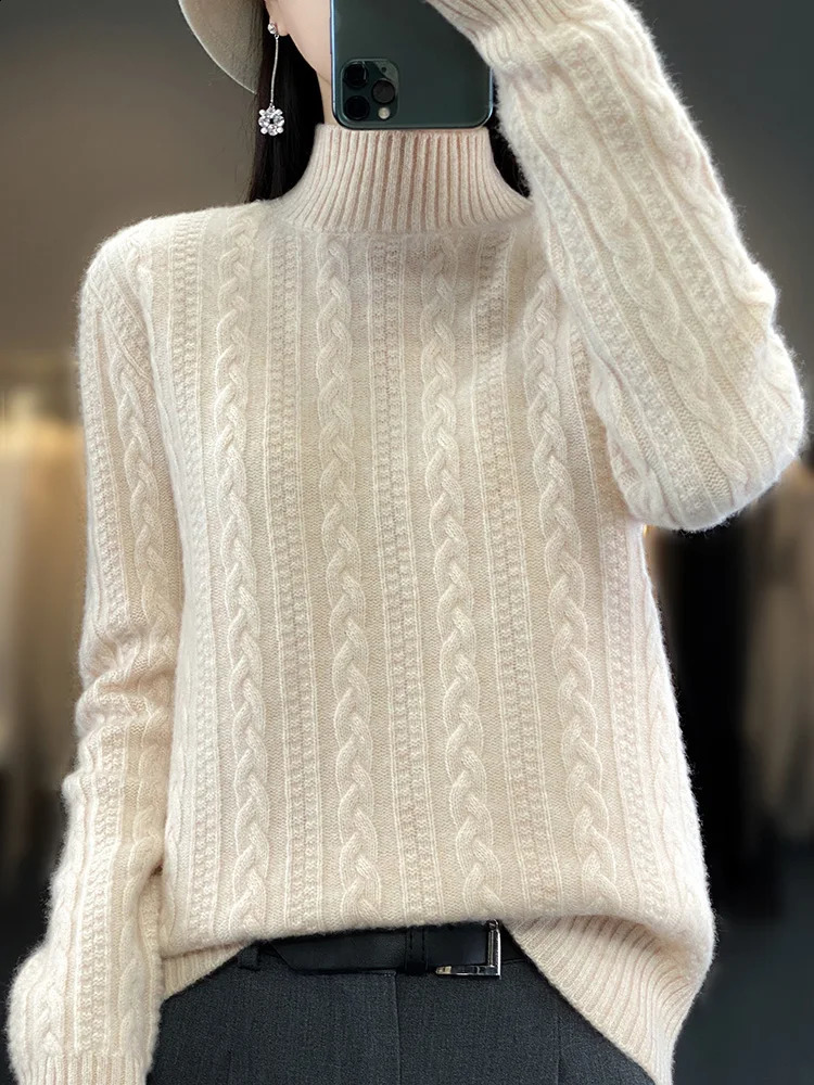 100% Wool Knitted Pullover Womens Semi-Turtleneck Long-sleeve Sweater Fashion Jacquard Warm Tops Thick Female Jacket Autumn 240824