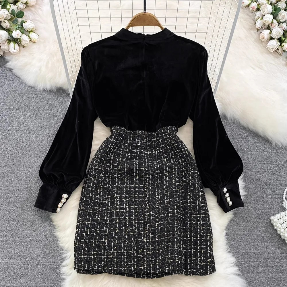 Vintage Black Velvet Dress Women Spring Autumn Long Sleeve Patchwork Tweed Mini Dress Party Dress Vestidos 240824