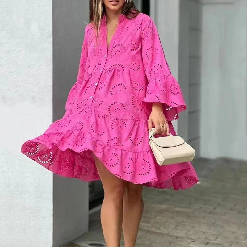 Summer elegant retro solid lace dress V-neck loose hollow pattern embroidered vest womens beach sexy mini white dress 240824