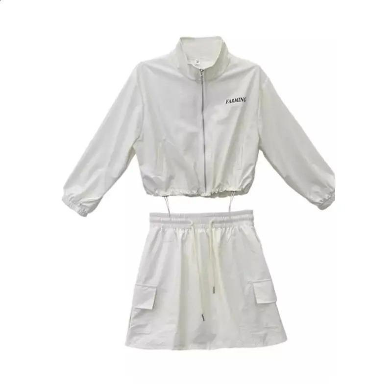 Drawstring Zipper Printed Loose Short Sunscreen Jacket Short Skirt Set Spring/Summer Fashion Two Piece Sets Women Outfits 240823